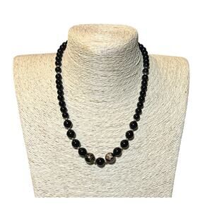 Vintage Black Glass Cloisonné Bead Necklace Sterling Silver Spacers 18"